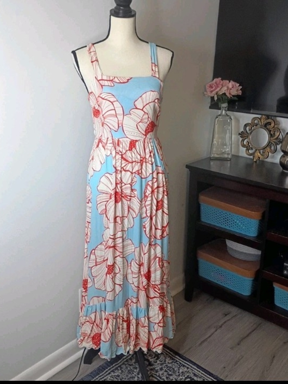 Farm Rio Anthropolgie Sleeveless Blue Maxi Dress W/ Coral Floral Print, XS